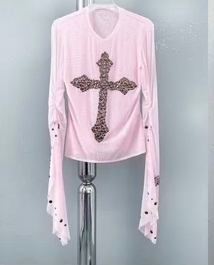 Embellished Cross Long-Sleeve Top -pink